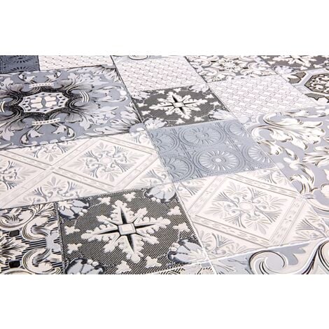 Papier peint pour cuisine et bain EDEM 87001BR10 papier peint vinyle légèrement texturé avec un dessin carrelage et des accents métalliques gris anthracite blanc argent 5,33 m2