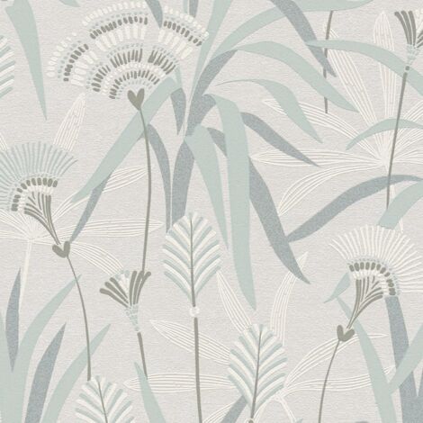 Papier peint floral Profhome 399363 papier peint intissé légèrement texturé avec un dessin de roseau et des accents métalliques gris bleu vert 5,33 m2 (1/5)