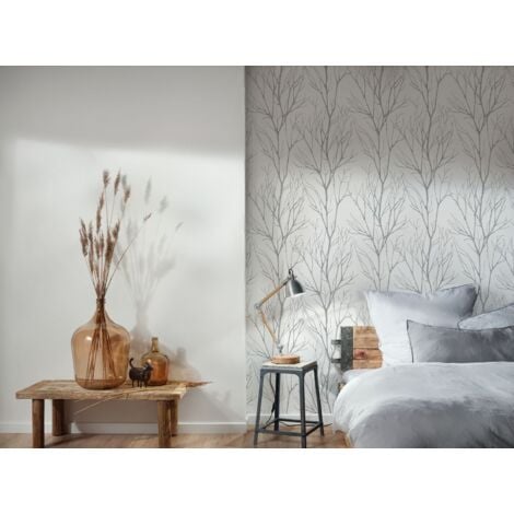 Papier peint nature Profhome 372604 papier peint intissé légèrement texturé avec un dessin nature mat gris blanc 5,33 m2