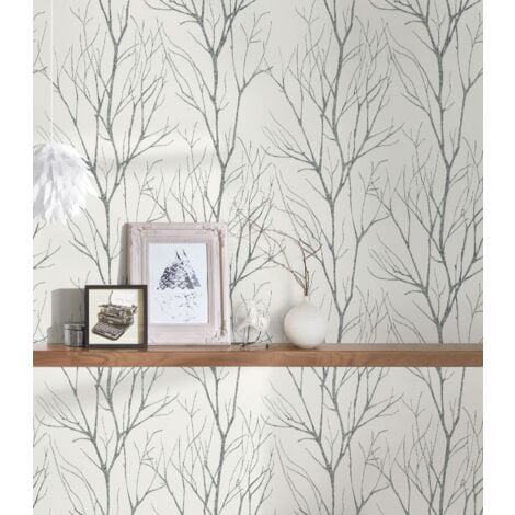 Papier peint nature Profhome 372604 papier peint intissé légèrement texturé avec un dessin nature mat gris blanc 5,33 m2