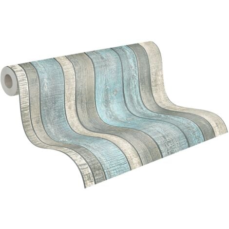 Papier peint aspect bois Profhome 319932 papier peint intissé lisse avec un dessin nature mat bleu gris blanc-crème 5,33 m2