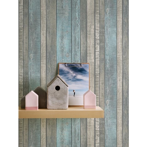 Papier peint aspect bois Profhome 319932 papier peint intissé lisse avec un dessin nature mat bleu gris blanc-crème 5,33 m2