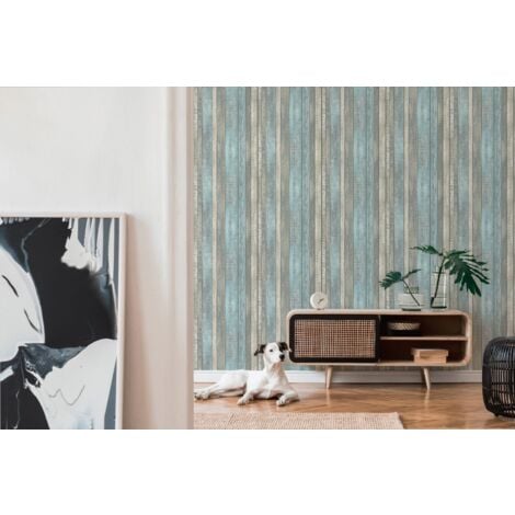 Papier peint aspect bois Profhome 319932 papier peint intissé lisse avec un dessin nature mat bleu gris blanc-crème 5,33 m2