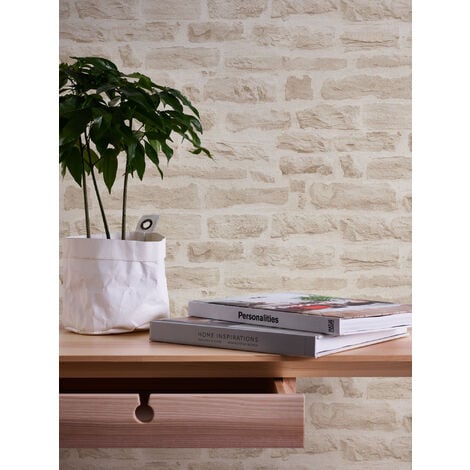 Papier peint aspect pierre carrelage Profhome 355803 papier peint intissé lisse à l'aspect de pierre mat beige blanc-crème 5,33 m2