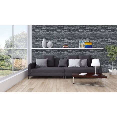 Papier peint aspect pierre carrelage Profhome 362812 papier peint intissé lisse avec un dessin nature mat gris noir 5,33 m2