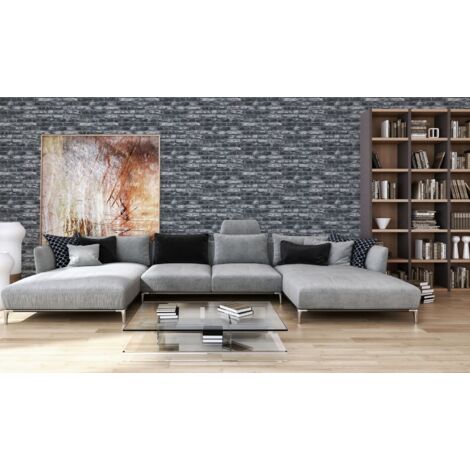 Papier peint aspect pierre carrelage Profhome 362812 papier peint intissé lisse avec un dessin nature mat gris noir 5,33 m2