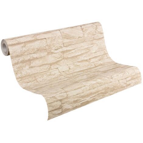 Papier peint aspect pierre carrelage Profhome 707130 papier peint intissé légèrement texturé avec un dessin nature mat beige blanc-crème 5,33 m2