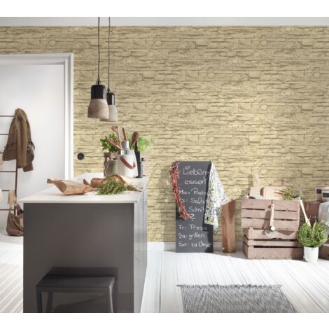 Papier peint aspect pierre carrelage Profhome 707130 papier peint intissé légèrement texturé avec un dessin nature mat beige blanc-crème 5,33 m2