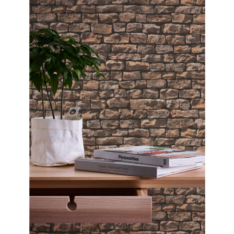 Papier peint aspect pierre carrelage Profhome 907912 papier peint intissé lisse avec un dessin nature mat gris beige 5,33 m2