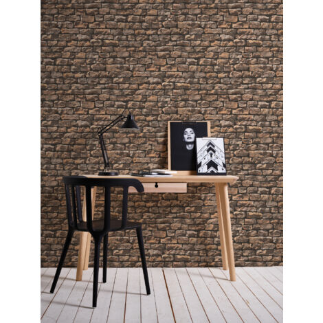 Papier peint aspect pierre carrelage Profhome 907912 papier peint intissé lisse avec un dessin nature mat gris beige 5,33 m2