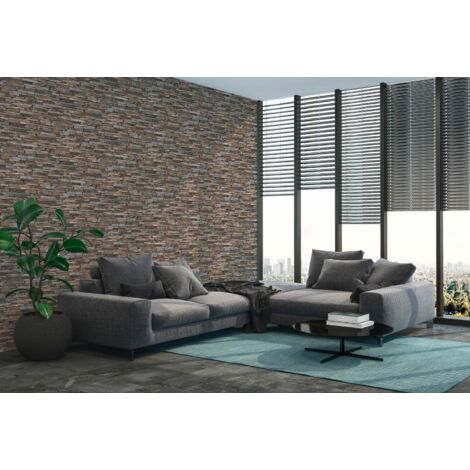 Papier peint aspect pierre carrelage Profhome 914217 papier peint intissé lisse avec un dessin nature mat brun beige jaune 5,33 m2