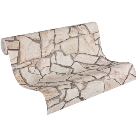 Papier peint aspect pierre carrelage Profhome 927323 papier peint intissé lisse avec un dessin nature mat beige gris 5,33 m2
