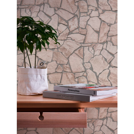 Papier peint aspect pierre carrelage Profhome 927323 papier peint intissé lisse avec un dessin nature mat beige gris 5,33 m2
