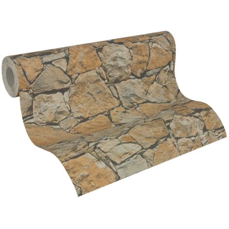 Papier peint aspect pierre carrelage Profhome 958631 papier peint intissé lisse avec un dessin nature mat brun beige noir 5,33 m2
