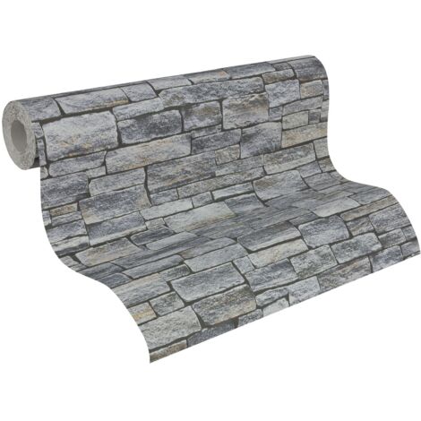Papier peint aspect pierre carrelage Profhome 958711 papier peint intissé lisse avec un dessin nature mat gris noir 5,33 m2