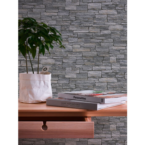 Papier peint aspect pierre carrelage Profhome 958711 papier peint intissé lisse avec un dessin nature mat gris noir 5,33 m2
