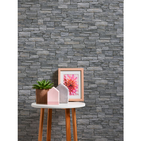 Papier peint aspect pierre carrelage Profhome 958711 papier peint intissé lisse avec un dessin nature mat gris noir 5,33 m2