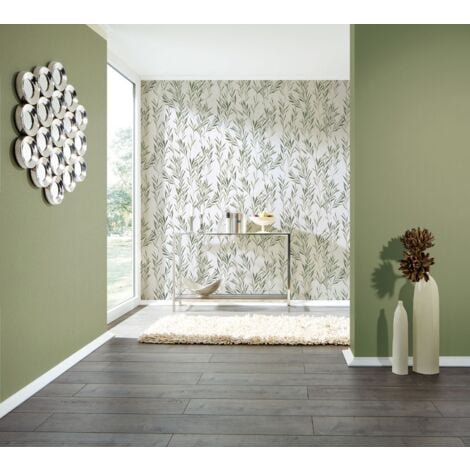 Papier peint floral Profhome 367123 papier peint intissé légèrement texturé avec des ornements floraux mat vert blanc 5,33 m2