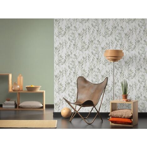Papier peint floral Profhome 367123 papier peint intissé légèrement texturé avec des ornements floraux mat vert blanc 5,33 m2