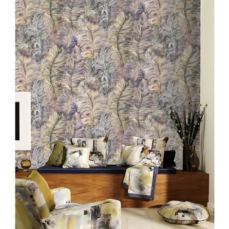 Papier peint exclusif Profhome 822205 papier peint vinyle gaufré avec des plumes brillant pourpre vieux-rose jaune or argent 5,33 m2