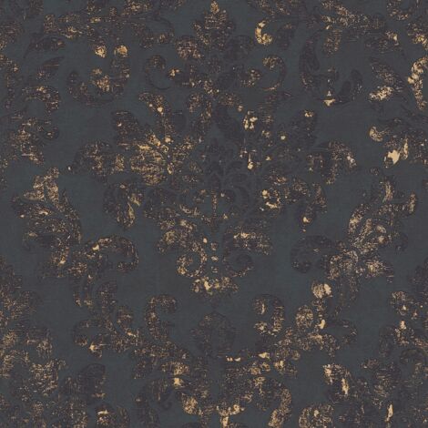Papier peint baroque Profhome 374132 papier peint intissé légèrement texturé au style baroque mat noir or 5,33 m2