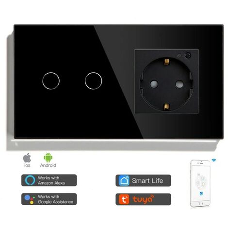 Tuya Interruttore Touch con Presa a Muro Smart WiFi Nero  Dimensione: 2 Pulsanti