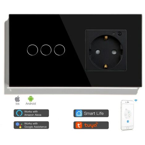 Tuya Interruttore Touch con Presa a Muro Smart WiFi Nero  Dimensione: 3 Pulsanti