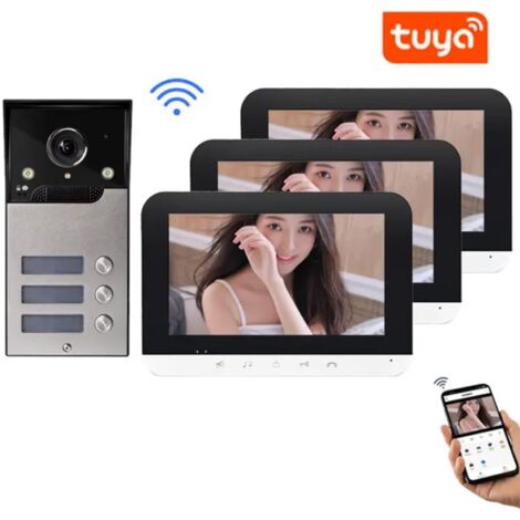 Tuya Kit Videocitofono Smart WiFi per Multi Appartamenti 3 Pulsanti con 3 Monitor