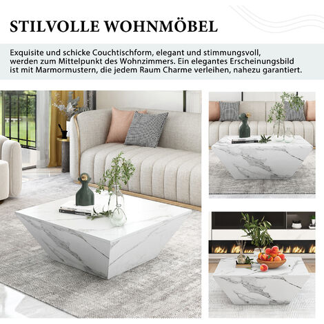 Table basse tambour moderne, table basse trapézoïdale en placage de marbre blanc, table de salon 70x70x37cm HENGMEI