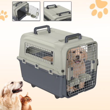 HENGMEI Boîte de transport pour chien Boîte de transport pour chien Boîte de transport pour avion Boîte de voyage pour voiture avec fenêtre en fer & porte en fer & plateau & poignée & roues 67x51x58.5