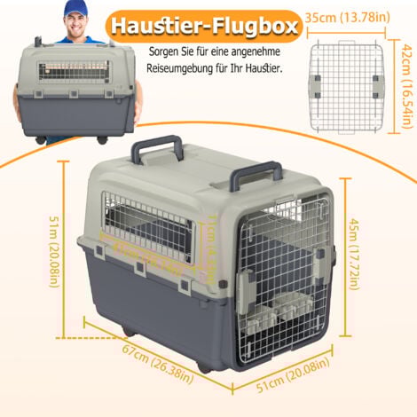 HENGMEI Boîte de transport pour chien Boîte de transport pour chien Boîte de transport pour avion Boîte de voyage pour voiture avec fenêtre en fer & porte en fer & plateau & poignée & roues 67x51x58.5