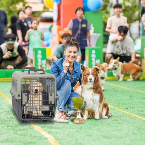 HENGMEI Boîte de transport pour chien Boîte de transport pour chien Boîte de transport pour avion Boîte de voyage pour voiture avec fenêtre en fer & porte en fer & plateau & poignée & roues 67x51x58.5