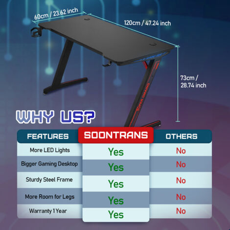 ELEGANT Bureau De Jeu Pour PC Avec Lumières 140 X 60 Cm, Table De Jeu Avec Lumières RVB, Support De Contrôleur, Crochet Pour Casque Et Tapis De Souris XL Full XL, Table