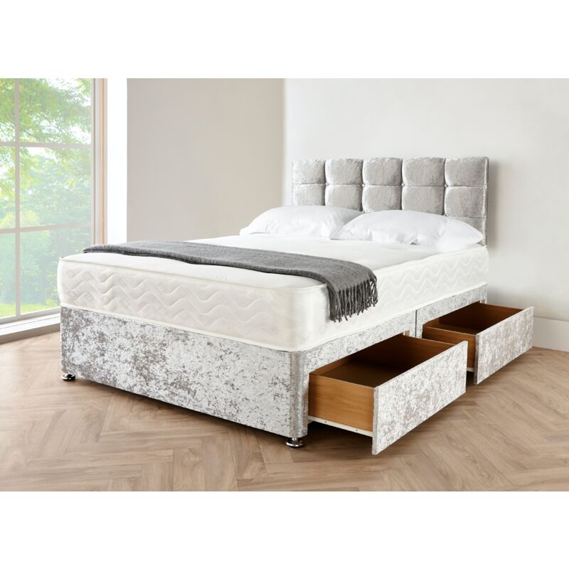 4FT Small Double Silver Crushed Velvet Divan Bed with Mattress 10 and Matching Colour Plain Headboard - 2 Free Storage Drawers