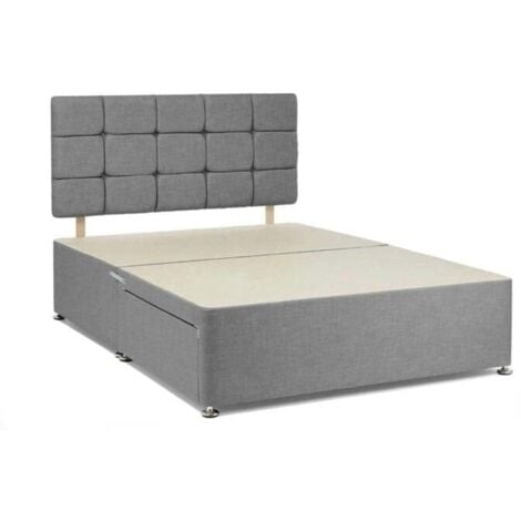 4FT6 Grey Chenille Fabric Divan Bed Base with Headboard & 2 Drawers
