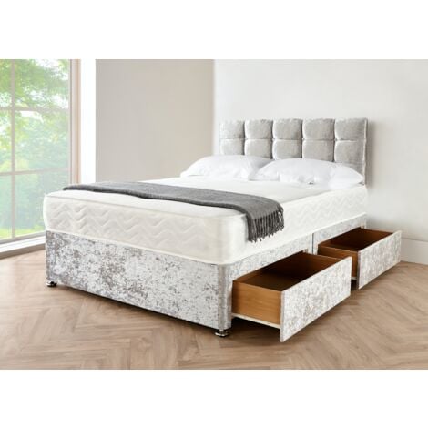 4FT Small Double Silver Crushed Velvet Divan Bed with Mattress 10 and Matching Colour Plain Headboard - 2 Free Storage Drawers