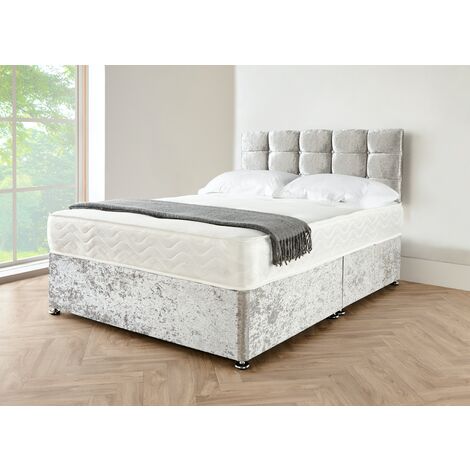 5FT Silver crushed velvet Divan Bed with mattress, Cube hb and 0 drawers (1/5)