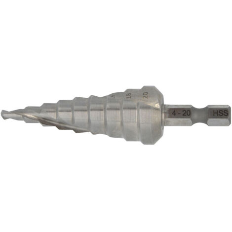 Makita D-40157 broca escalonada espiral 4–20 mm con vástago hexagonal 1/4" (1/2)