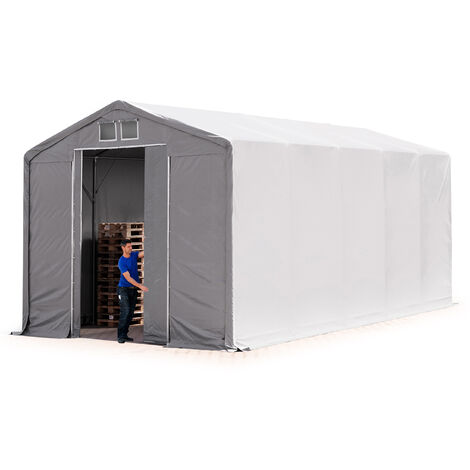 TOOLPORT Zelthalle 5x10 m Lagerzelt PRIMEtex 2300 robuste PVC Plane grau 4m Seitenhöhe mit Schiebetor (1/5)