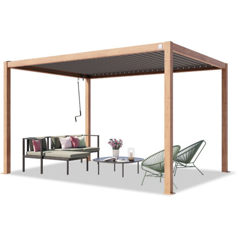 PRIMEYARD Pergola 3x4 m Aluminium-Pfosten in Holzoptik mit Lamellendach aus Stahl Terrassenüberdachung