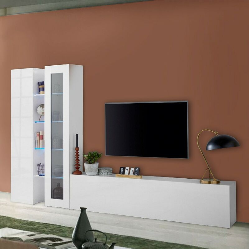 Meuble TV 200x30x60.7cm - lowboard brillant éclairage LED meuble de salon  design moderne surface en verre - Blanc et couleur gris