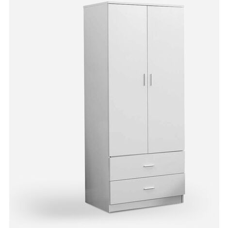 Armoire à 2 Portes Chambre à Coucher Penderie 2 Tiroirs Blanc Gilafa