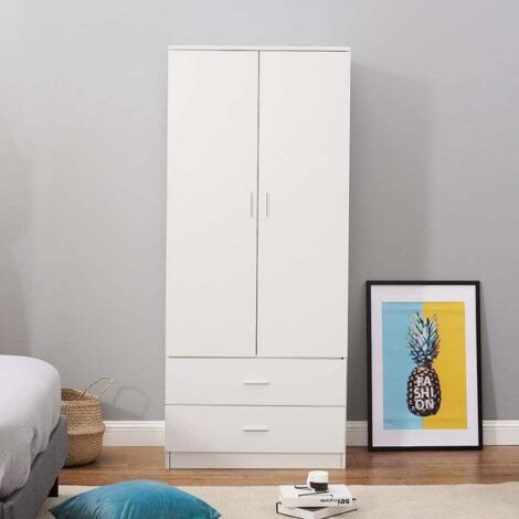 Armoire 2 Portes MIK 80x55x190cm - Blanc (Avec Porte-Manteau)