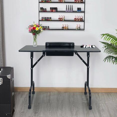 Table de manucure-Table à Ongles Bureau de manucure en Bois Mobile avec 1  Porte 2 tiroirs roulettes pour Salon de beauté