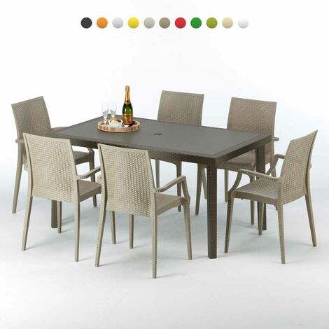 Table rectangulaire 6 chaises Poly rotin resine 150x90 marron Focus  Chaises Modèle: Bistrot Arm Beige Juta