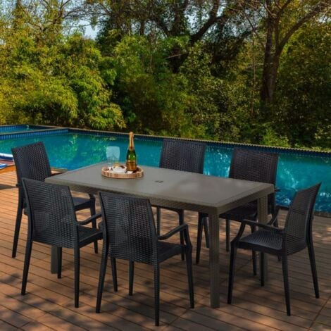 Table rectangulaire 6 chaises Poly rotin resine 150x90 marron Focus