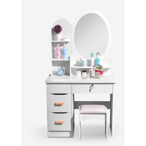 Coiffeuse et table de maquillage pour chambre avec tabouret miroir rond Babette