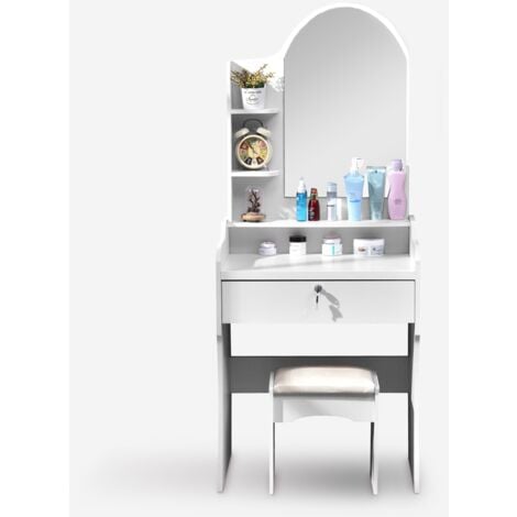 Coiffeuse et table de maquillage mobile avec miroir et tabouret Flora