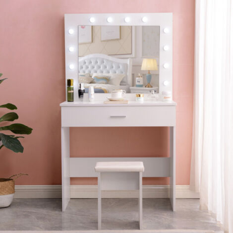 Coiffeuse table de maquillage avec miroir à LED et tabouret Gaia