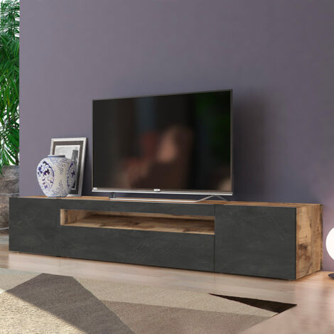 Meuble télé design noir mat + bois, 4 portes amovibles, 200 cm